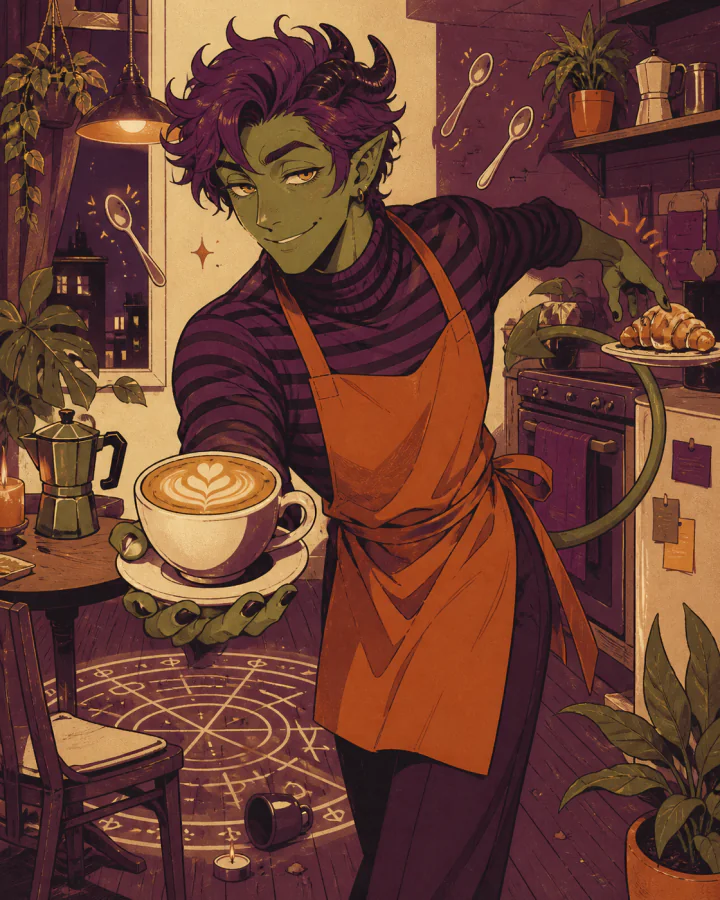 Basil Hex serving a latte in an apartment kitchen with a summoning circle