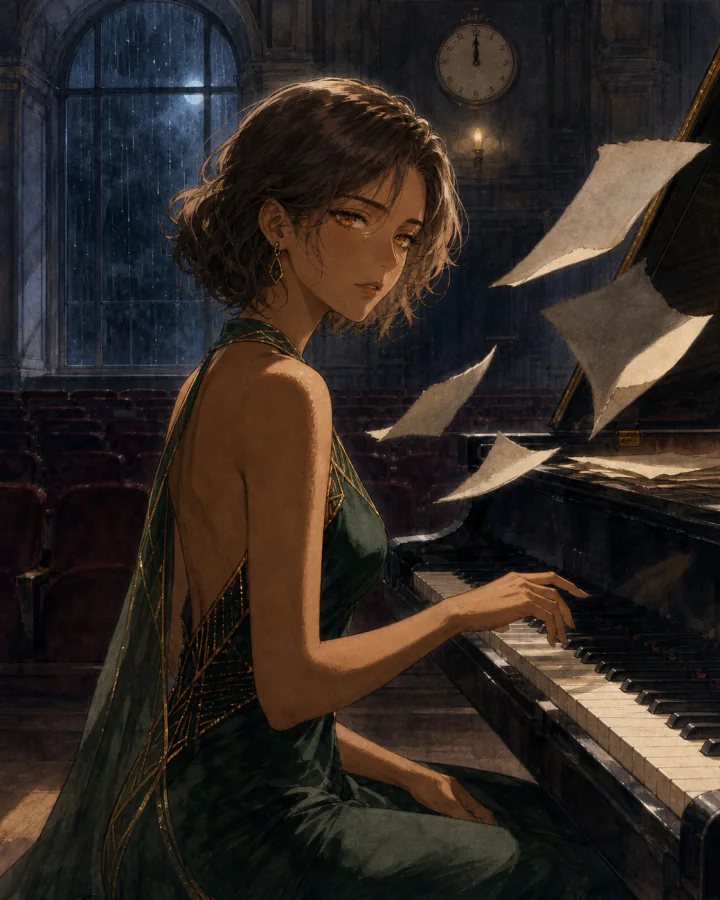 Clara Venn at a grand piano as mysterious pages rise around her