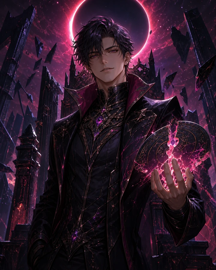 Cyrus Noct breaking a glowing story sigil beneath a magenta eclipse