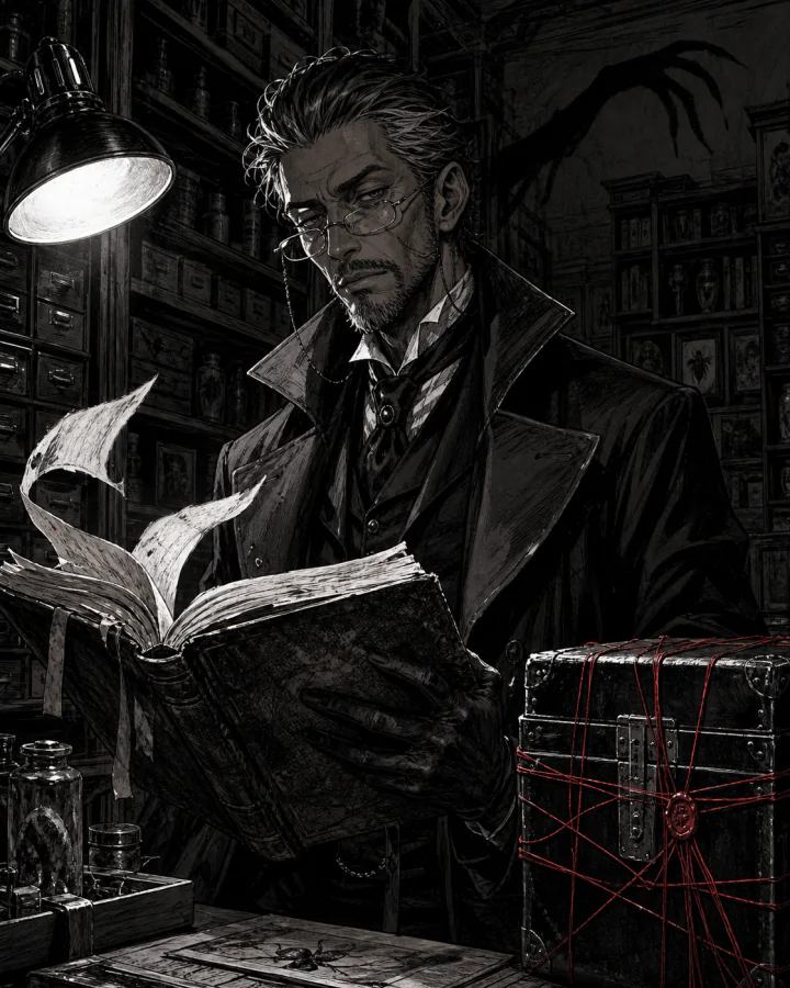 Ivo Bell reading a self-turning ledger beside a case bound in red thread