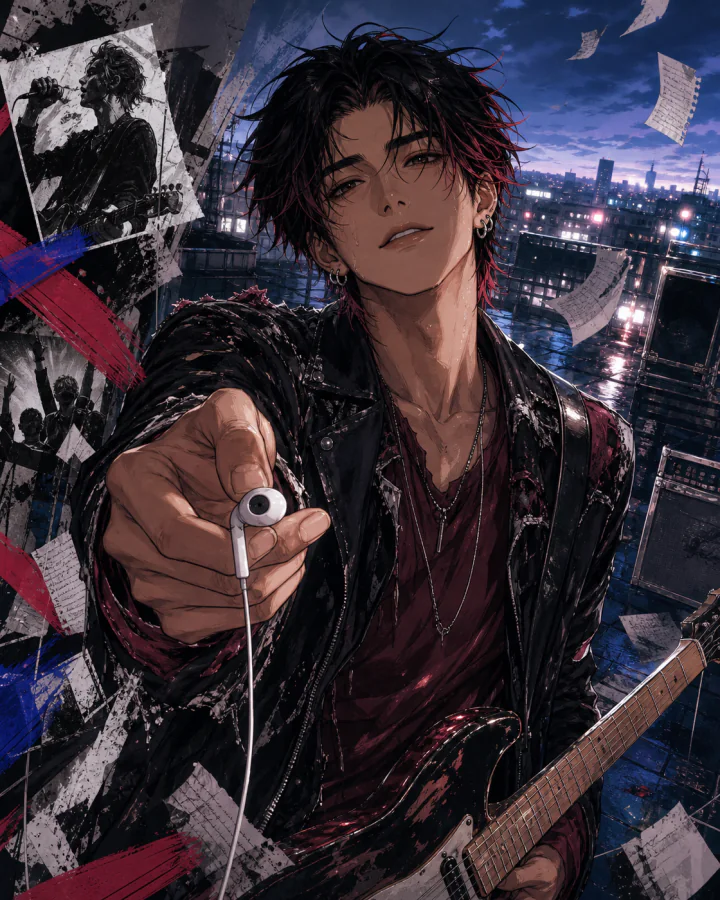 Jae Min offering an earbud on a rain-soaked rooftop after a concert