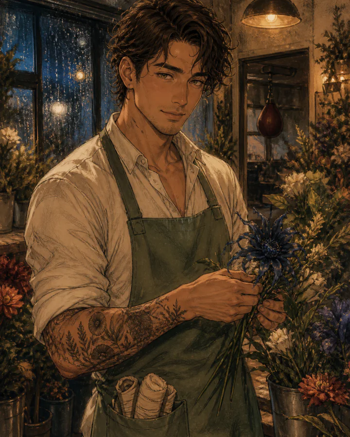 Kenji Wren arranging a midnight-blue flower in his rain-lit shop