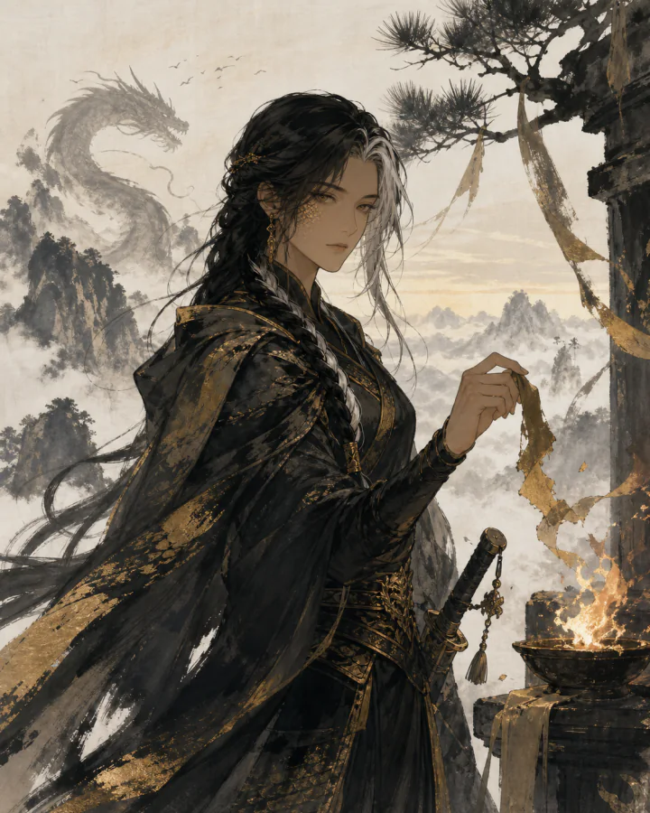 Kestrel Vane burning a prophecy ribbon at a mountain shrine
