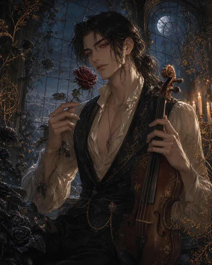 Lucien Veyr holding an antique violin and red rose in a moonlit conservatory