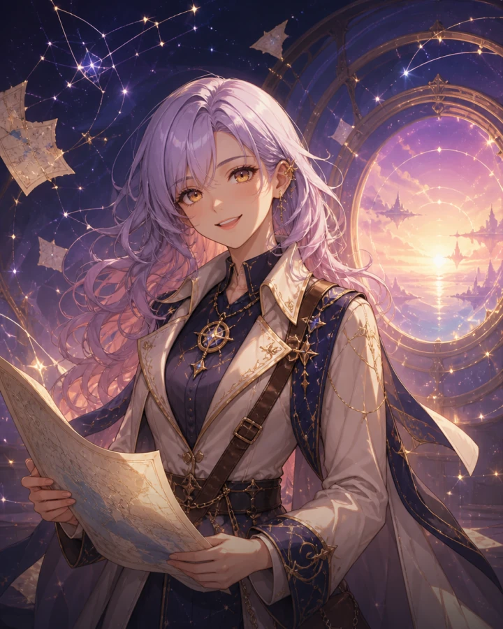 Luma Aster holding a luminous map beneath a celestial Dreamway