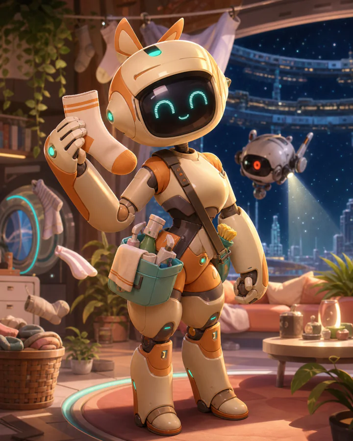 M0CHI proudly holding a folded sock in a cozy orbital apartment