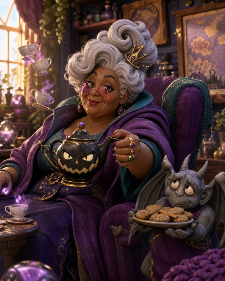 Madam Mallow serving tea beside her worried gargoyle assistant