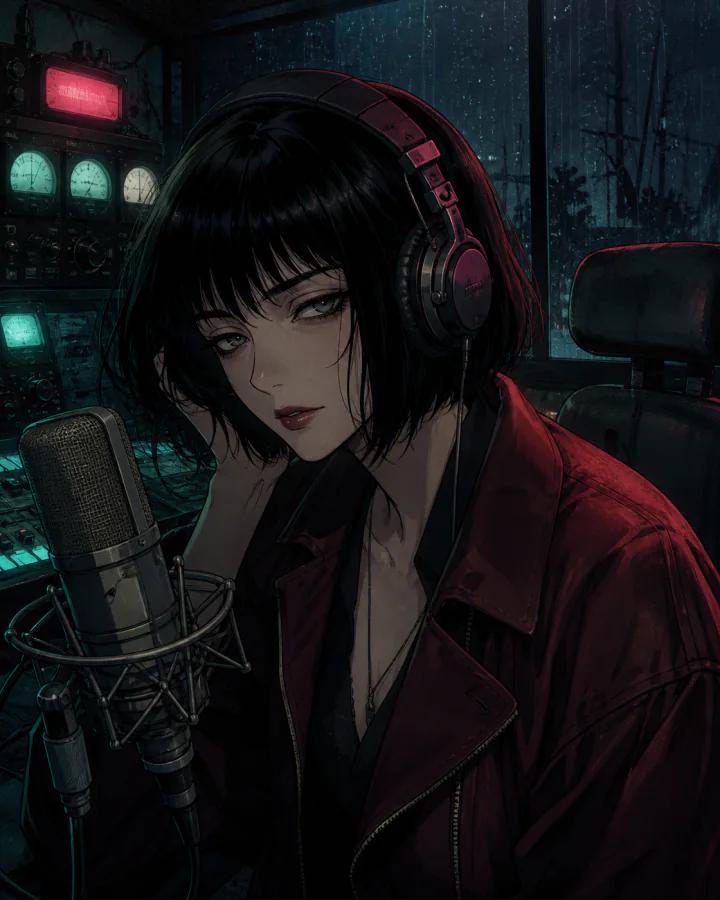 Mara Dial listening at a vintage microphone inside an abandoned radio booth