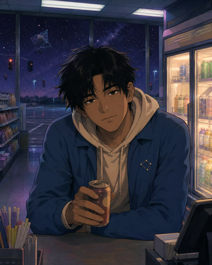 Milo Monday behind a convenience store counter beneath a frozen night sky