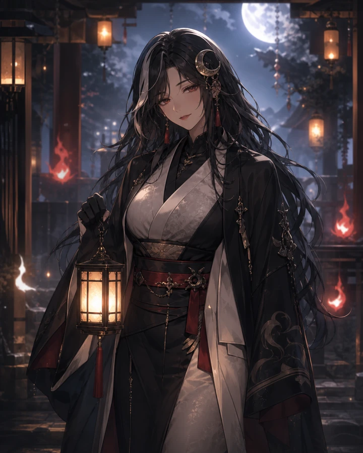 Miori Sable carrying a glowing lantern at her moonlit shrine