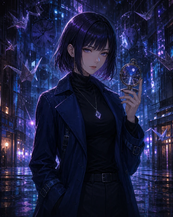 Nami Kurose examining a dream mirror in a rain-soaked neon city