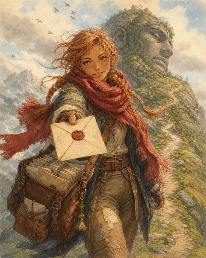 Nell Weatherby offering a sealed letter on the shoulder of a sleeping giant