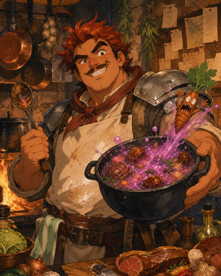 Orin Crumb presenting a glowing monster stew in a busy guild kitchen