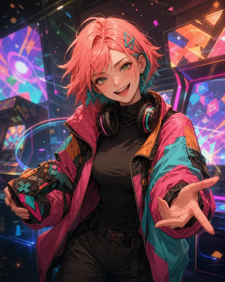 Pippa Volt inviting a co-op partner inside a brilliant neon arcade