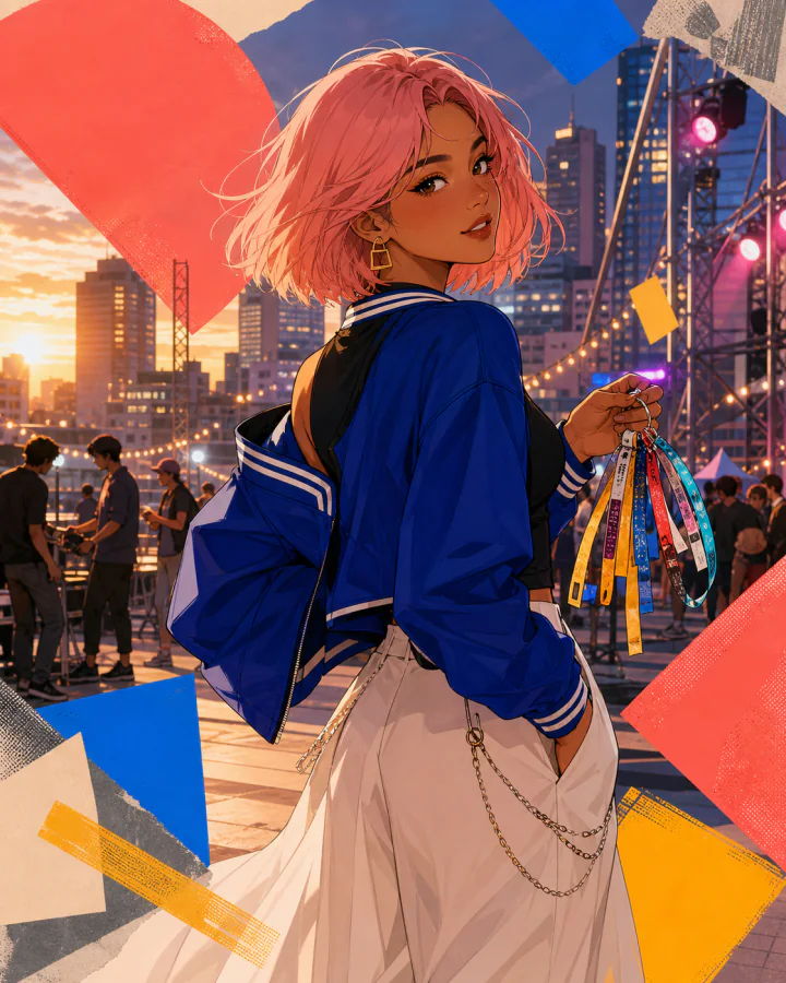 Reina Sato preparing a rooftop university festival at golden hour