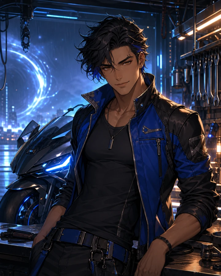 Ren Calder beside a cobalt rift bike in his neon garage