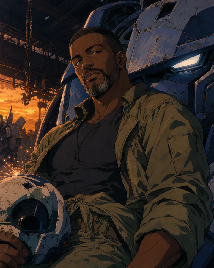 Rook Maddox holding an old pilot helmet beside his weathered mecha