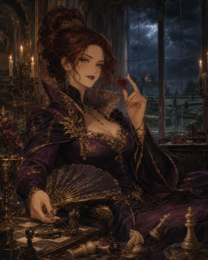 Seraphine Kest holding a broken wax seal over a chessboard during a storm