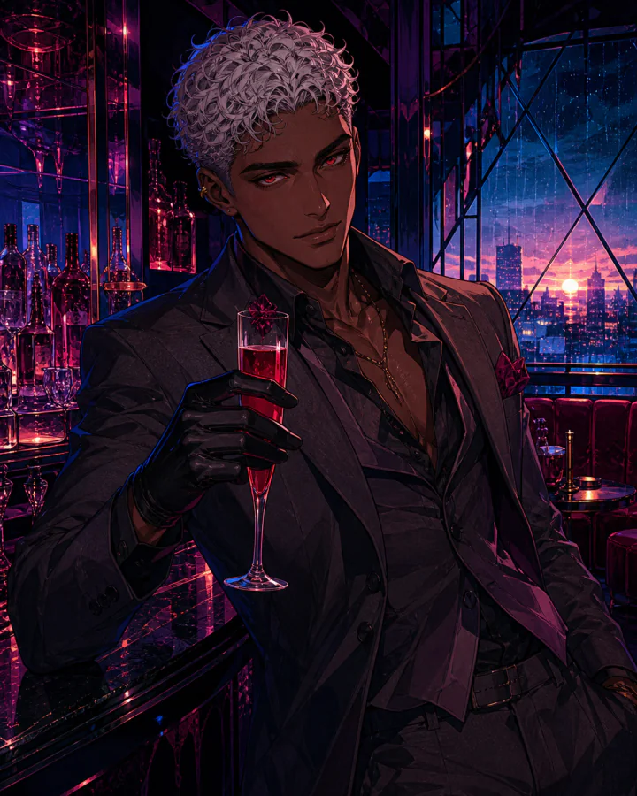Severin Lace at the neon-lit bar of his nightclub just before dawn