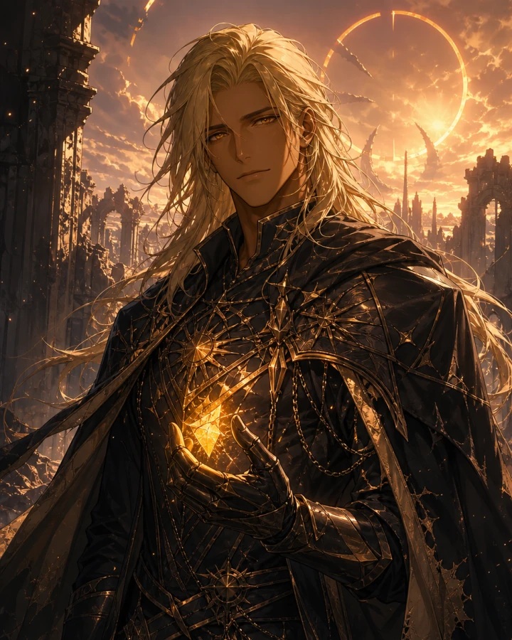 Sol Riven holding a fractured ember of sunlight among sunset ruins