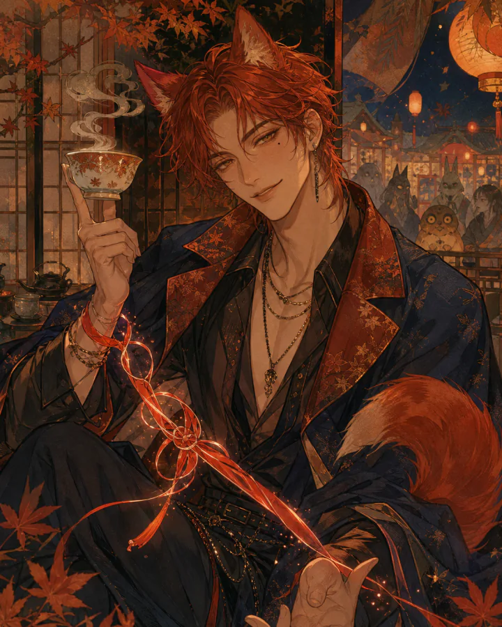 Tavi Ember holding tea as a glowing contract ribbon unties at a spirit market