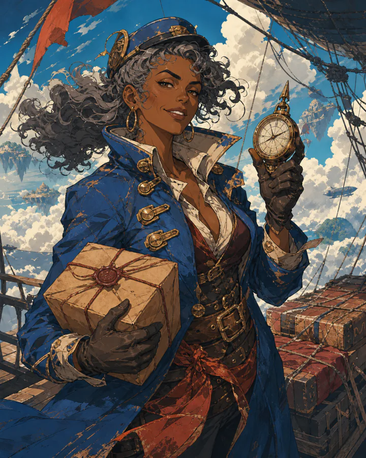 Yara Flint carrying a sealed parcel and compass aboard her airship