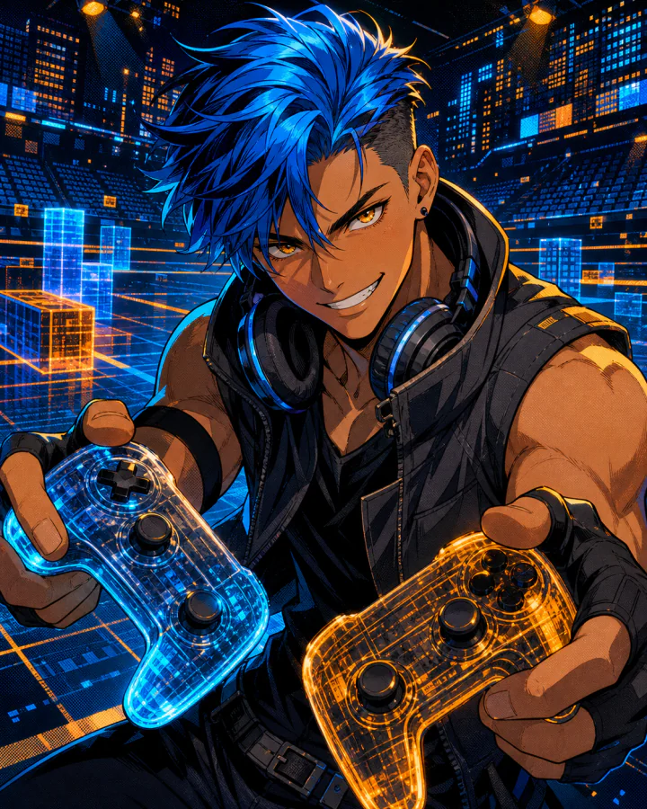 Zeph Kincaid offering a controller inside a futuristic tournament arena