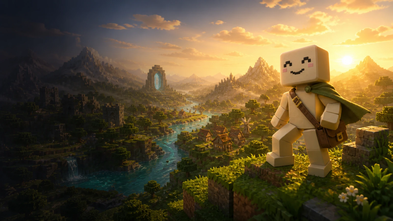 Nubi overlooking a sunlit fantasy frontier of rivers, villages, and ruins