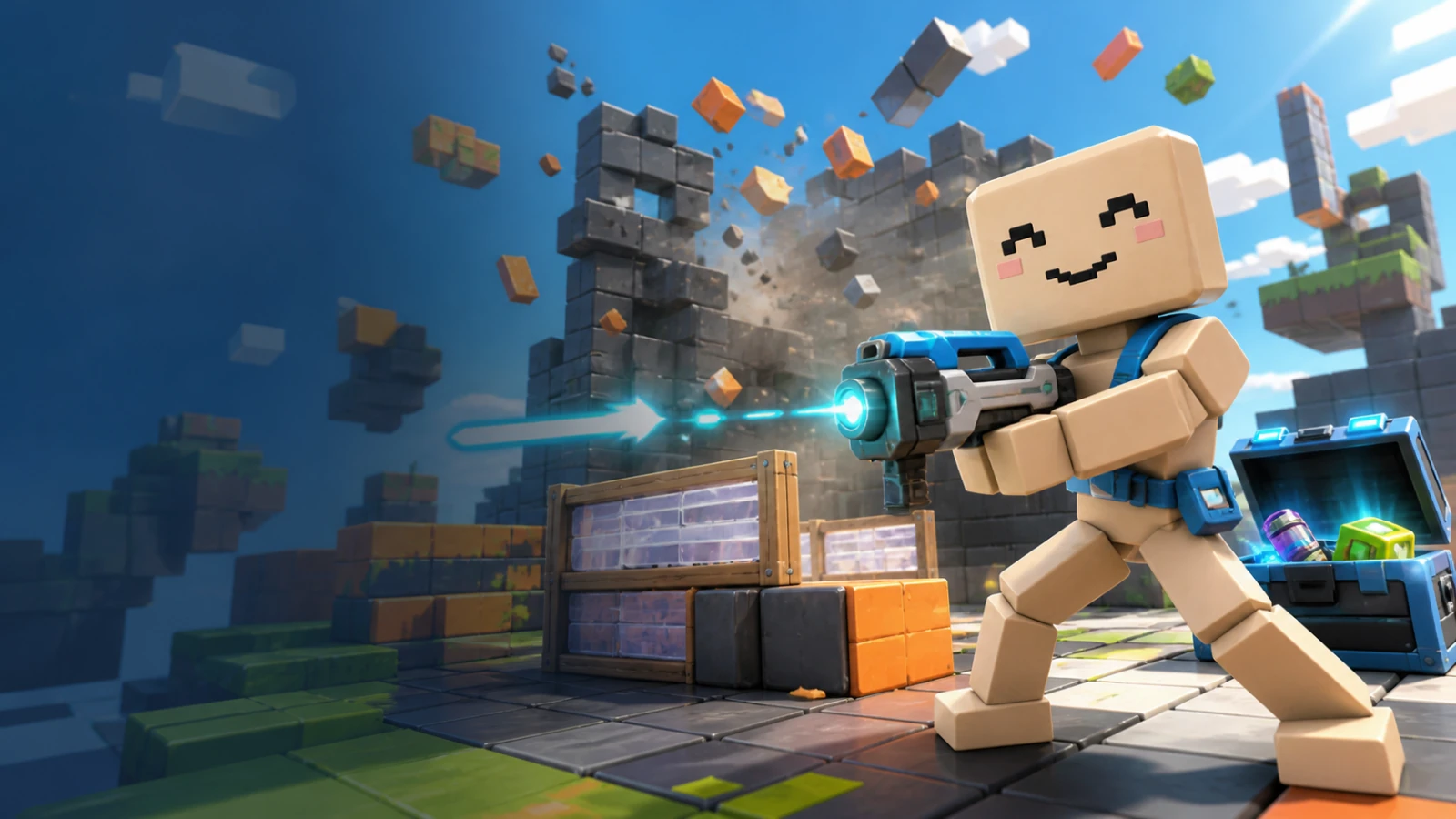 Nubi battling through a destructible floating block arena
