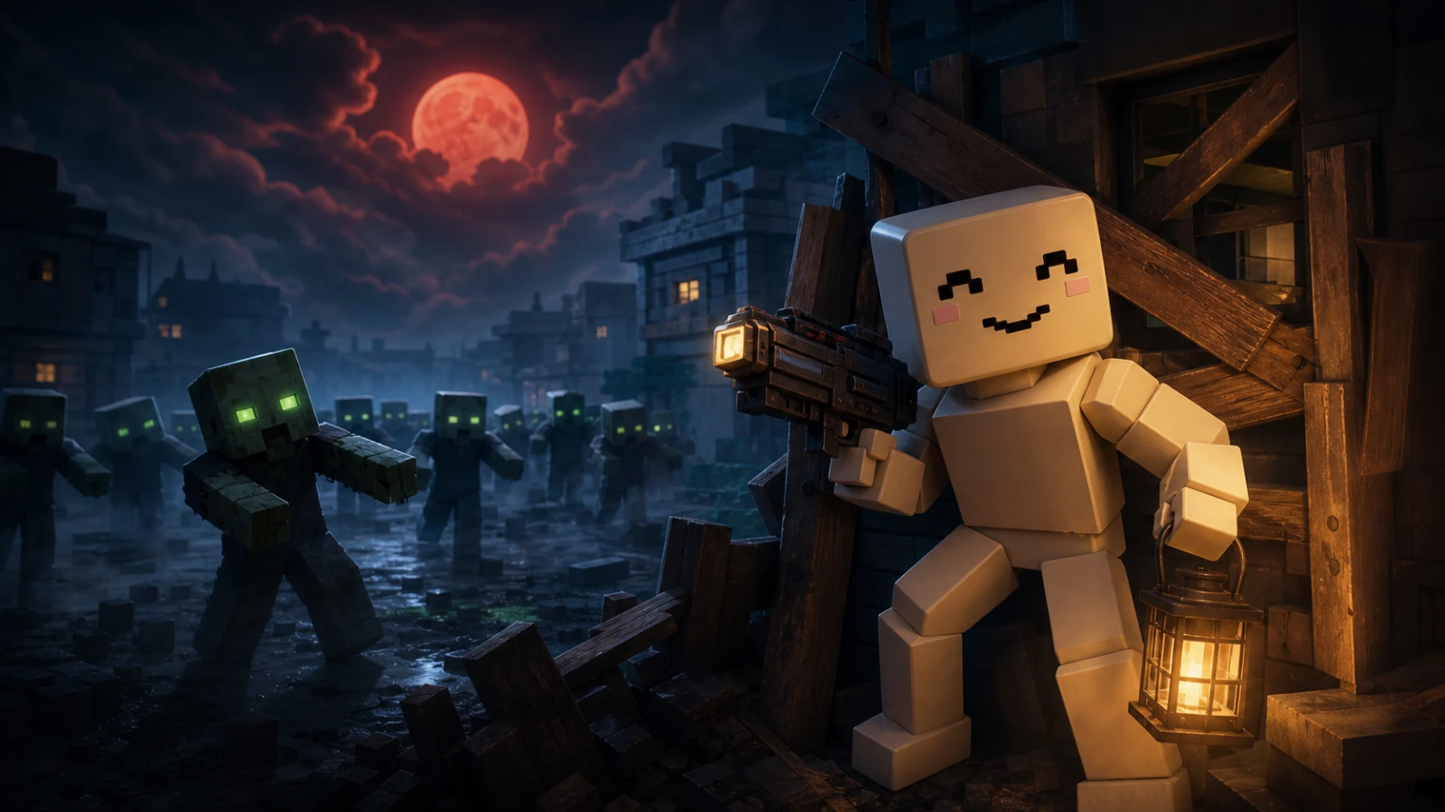 Nubi defending a barricaded town from a wave of block zombies