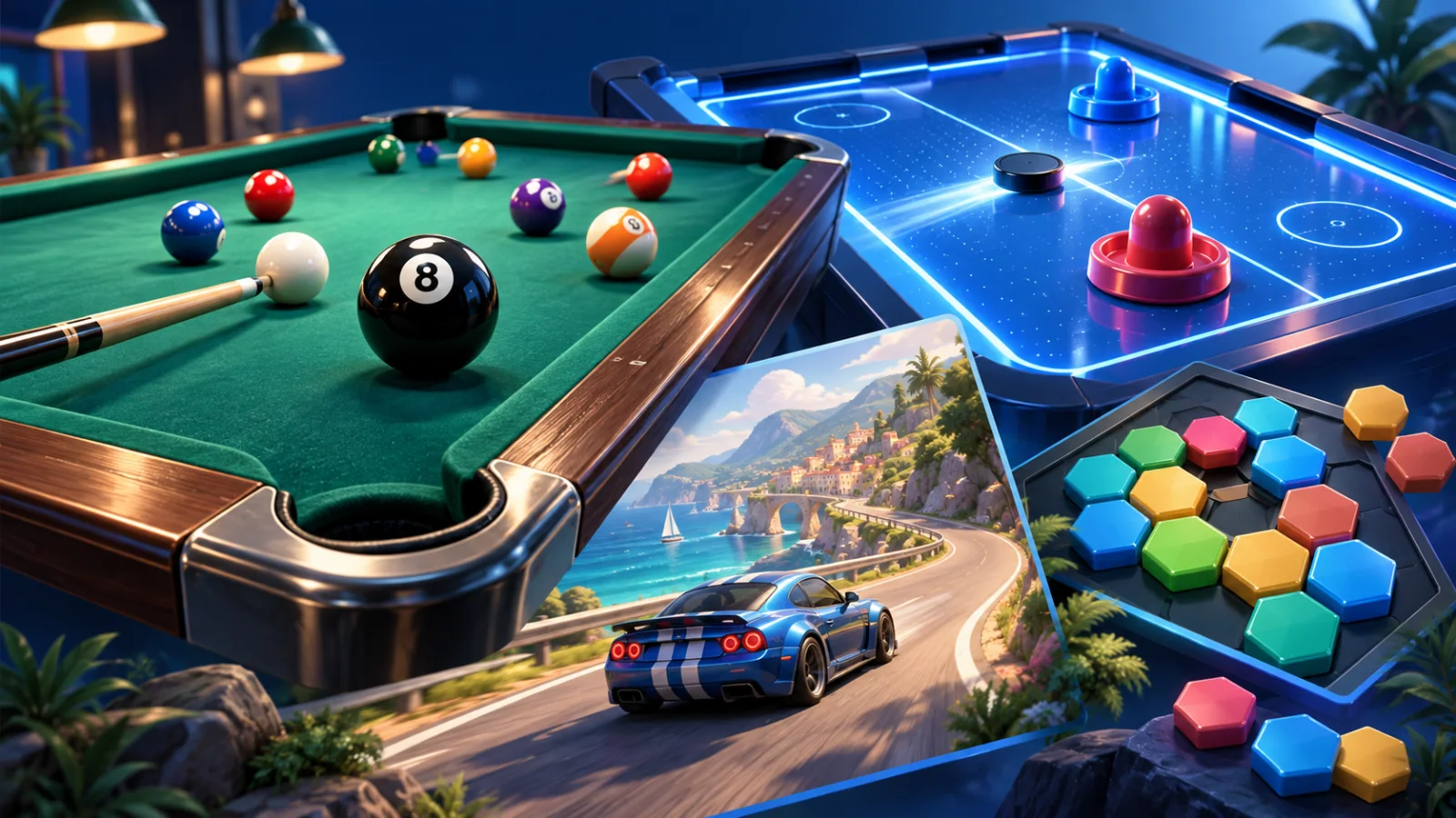 Illustration of pool, air hockey, racing, and puzzle games.