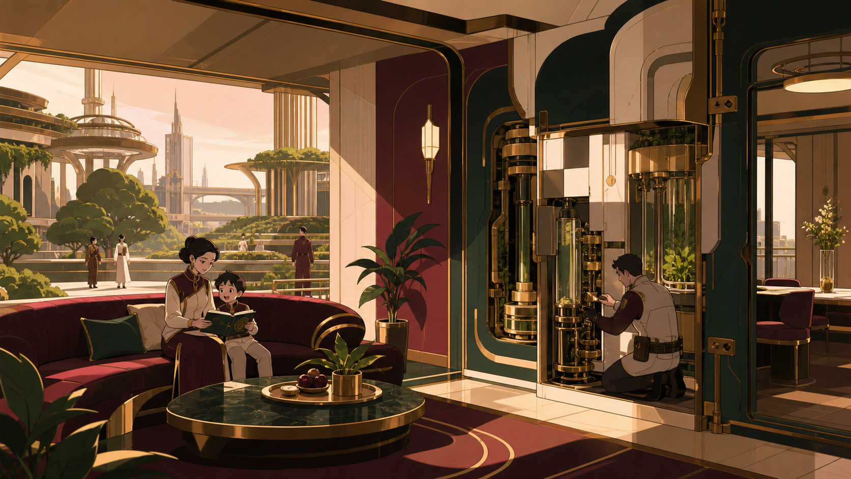A family living inside a home that rearranges rooms with the daylight, during normal public life with biological technology clearly serving people. Close maintenance scene revealing the living system at human scale. Burg