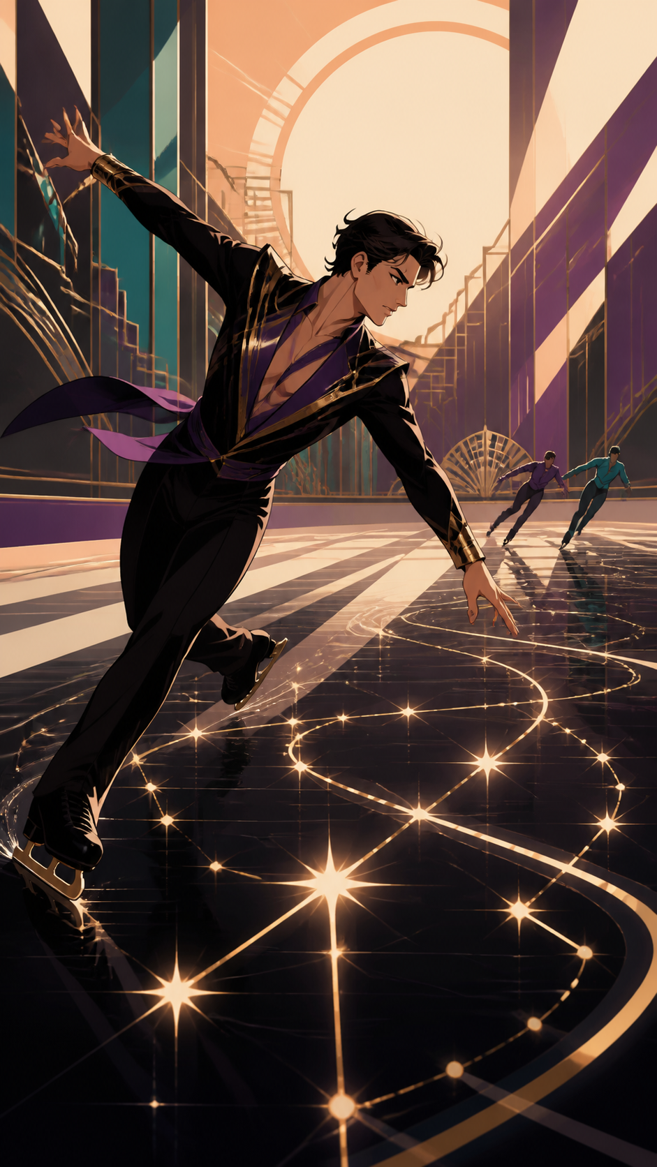 An adult figure skater tracing luminous constellations across black ice, during a decisive final stretch with the environment amplifying the speed. Long-lens frame compressing competitors and terrain into layered motion.