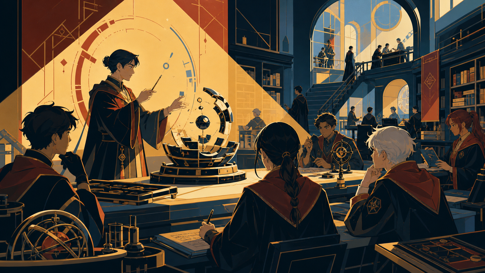 A professor demonstrating ethical spell repair in a practical workshop, late in the semester when the campus feels both busy and familiar. Library perspective following a visual trail through several study zones. Pine bl