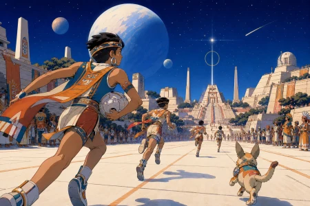 Young couriers racing along white roads between forest cities, during a brilliant civic festival centered on astronomy and sport. Low ball-court view following athletes toward the 