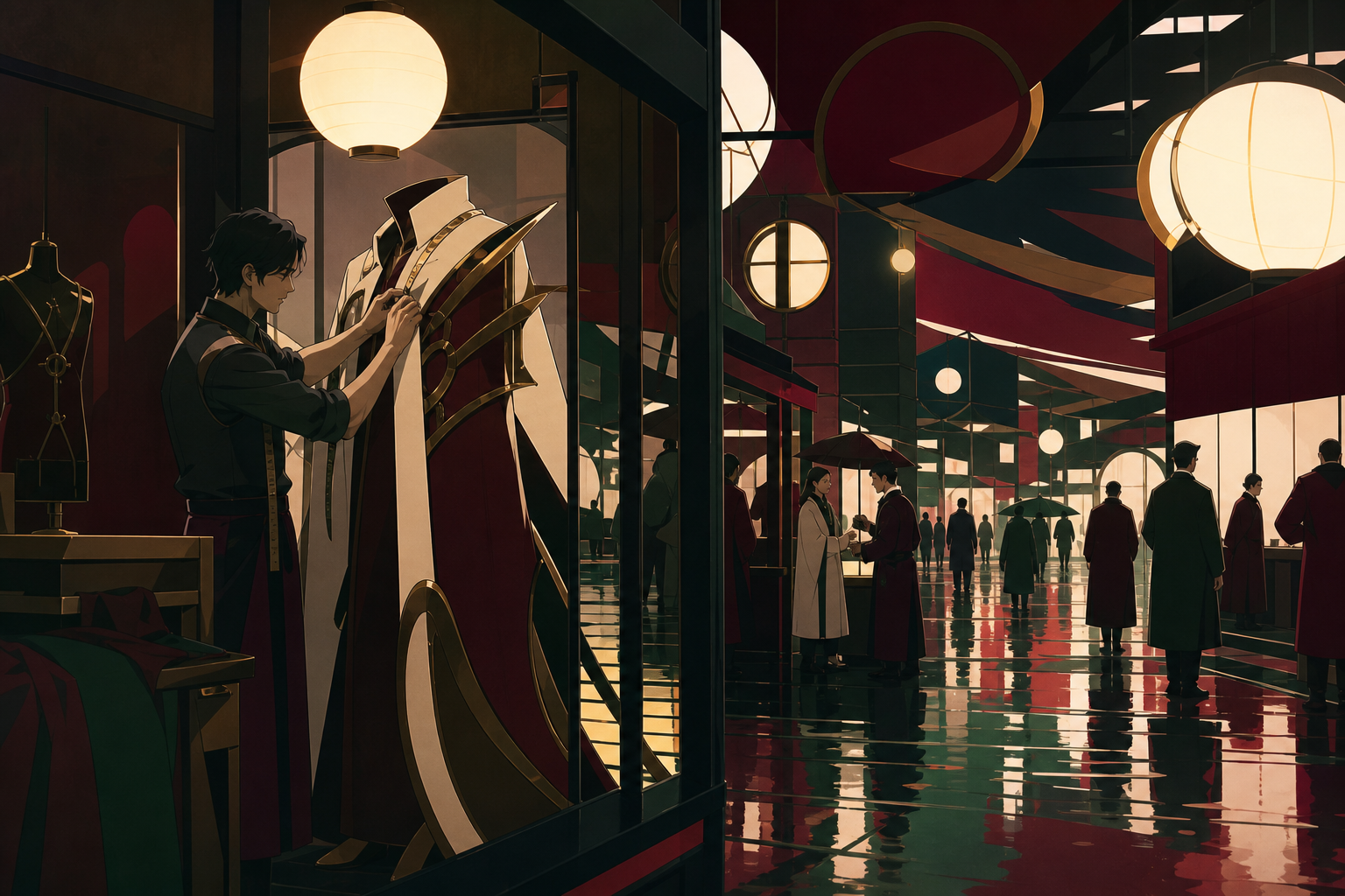 A tailor fitting an impossible coat in a crowded underground arcade, just after rain leaves every street reflecting a different color. Cinematic wide shot composed through windows, signs without readable text, and reflec