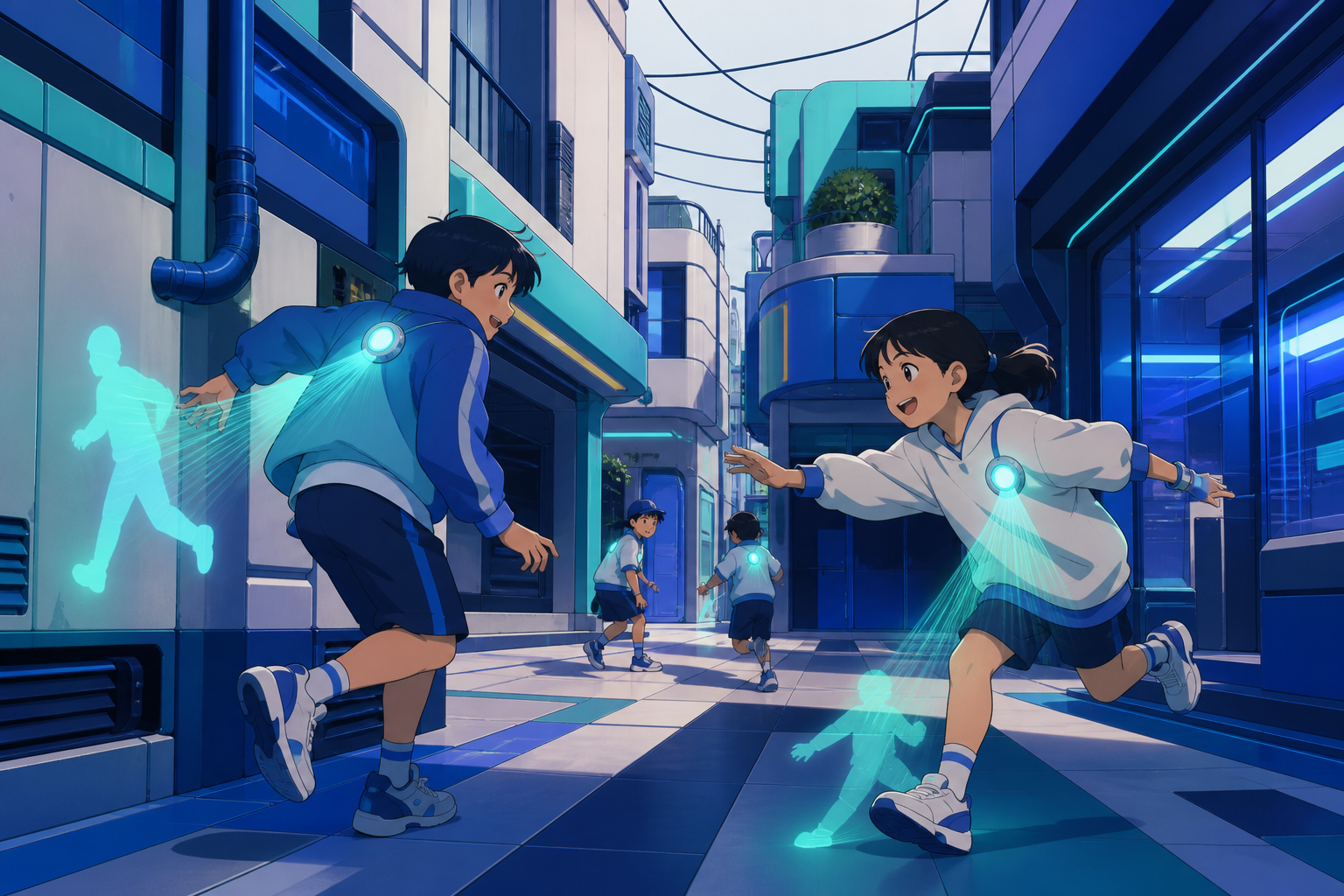 Children playing projection-tag in a safe pedestrian courtyard, during ordinary neighborhood life rather than a dystopian crisis. Compressed alley perspective focused on one intimate exchange. Ultramarine, bioluminescent