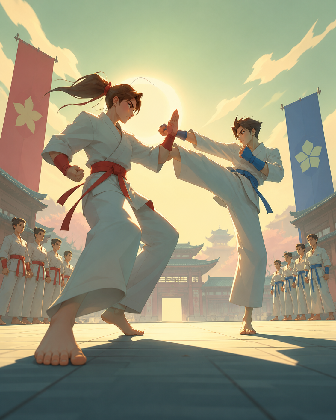 Two rival dojo teams meeting for a disciplined exhibition match, at the clearest instant before a controlled strike lands. Low diagonal action view focused on footwork and counter-movement. Soft pistachio, butter yellow,
