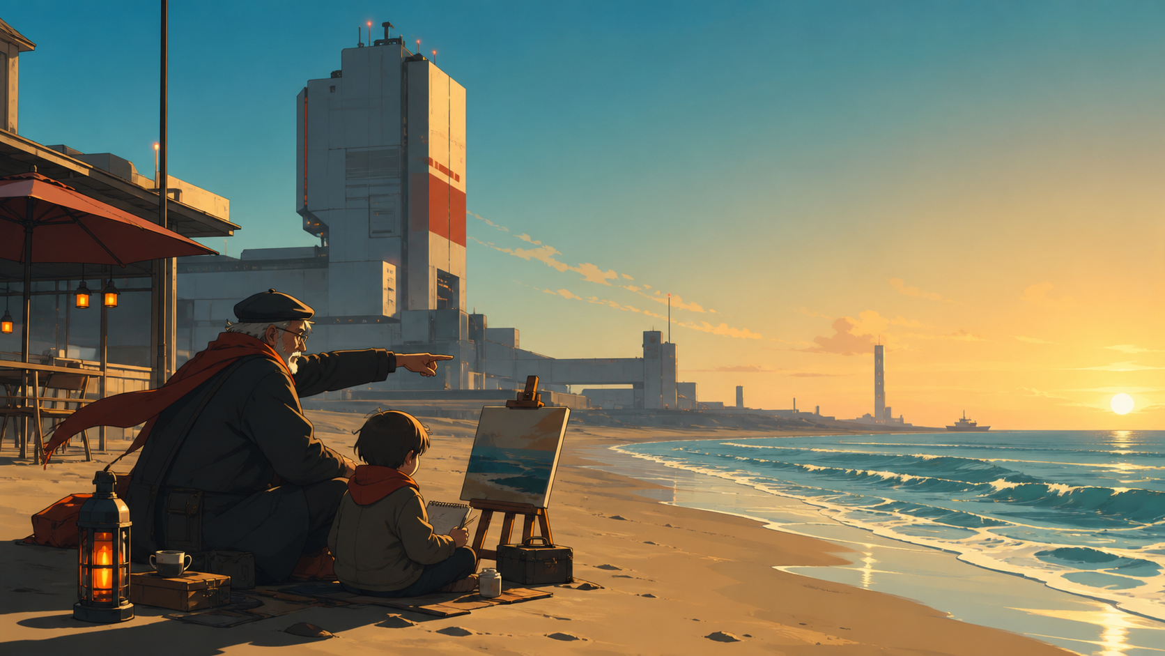 An elderly painter teaching a grandchild to observe the horizon, on a windy day with broad simple movement through clothing and water. Wide coastal frame with people distributed along a clear shoreline. Petrol blue, oxid