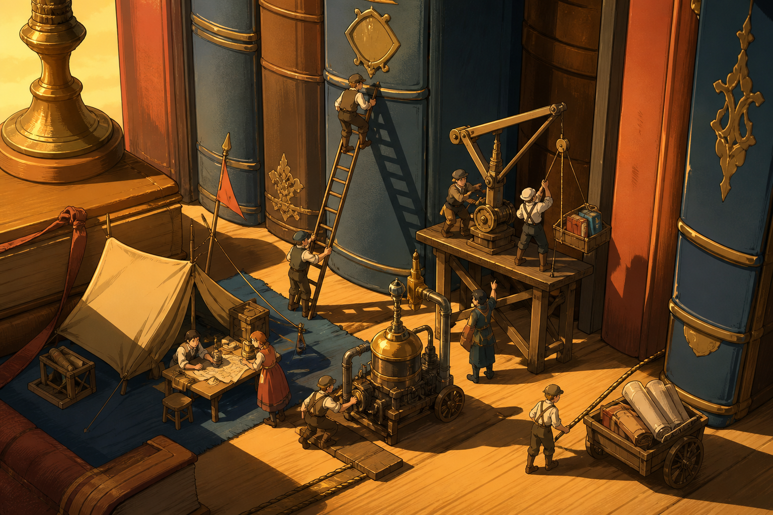Tiny explorers establishing a camp between enormous library books, as inhabitants solve an everyday problem using ingenious small machinery. Isometric-like miniature vista with multiple readable zones of activity. Amber,