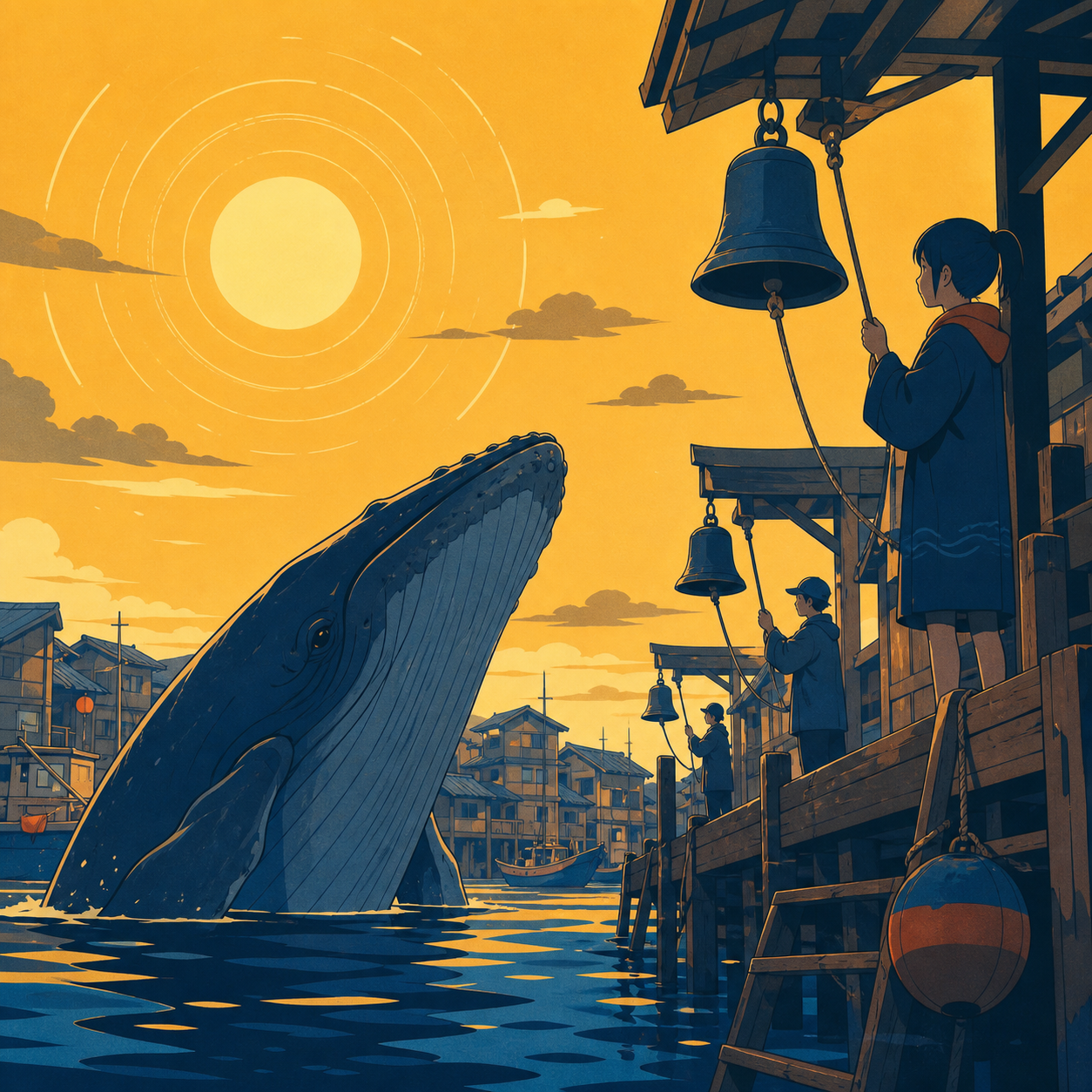A whale and fishing village exchanging songs through harbor bells, on an ordinary day with one quietly magical rule. Low animal-height perspective through a functional environment. Amber, walnut brown, rain blue, and tin