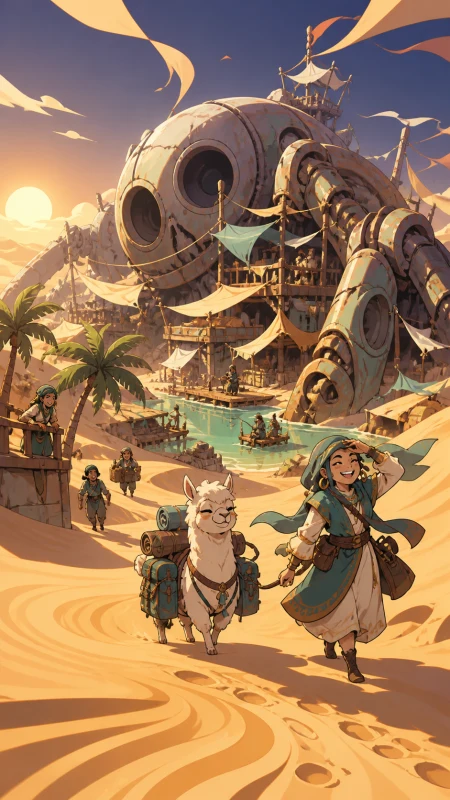 An oasis settlement built around the skeleton of an ancient machine, during a difficult crossing made beautiful by unfamiliar weather. Low desert viewpoint using foreground wind pa