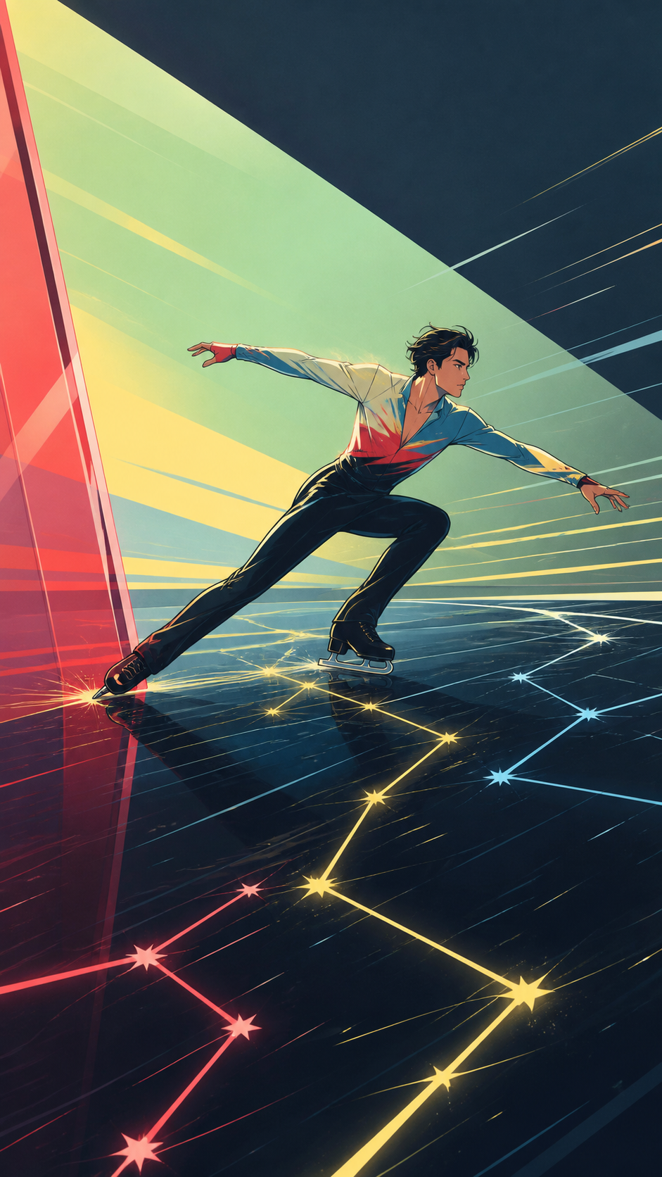An adult figure skater tracing luminous constellations across black ice, during a decisive final stretch with the environment amplifying the speed. Bold diagonal action composition with ample space ahead of the movement.