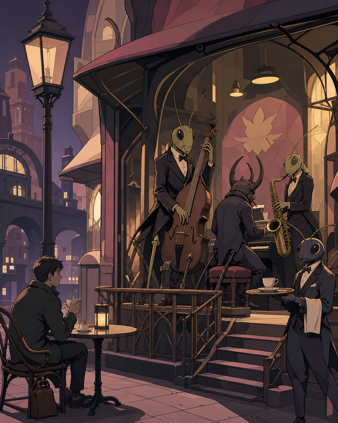 A night café run by polite insect musicians in formal jackets, shown with sophisticated worldbuilding rather than mascot posing. Street-level view immersed in the society's everyday architecture. Muted rose, parchment, m