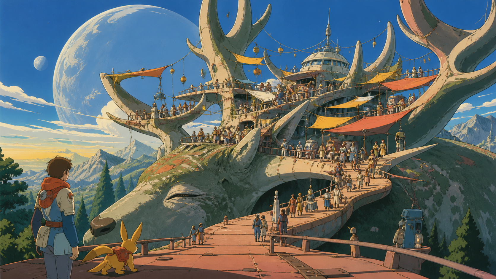 A moonlit market built across the antlers of a sleeping forest god, seen during the first morning after a century-long winter. Epic establishing shot with a clear visual path into the world. Clay red, sage, faded denim, 