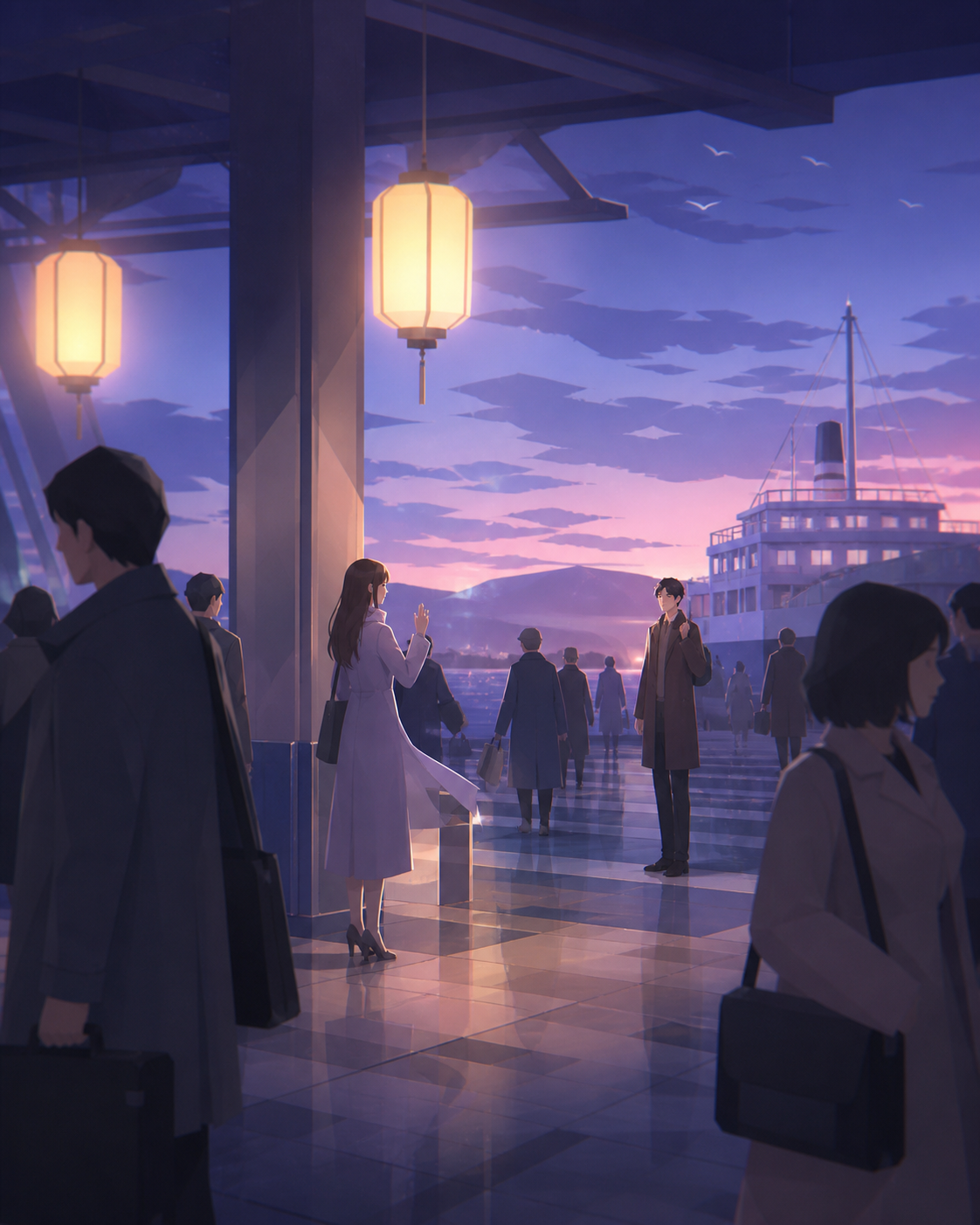 Two adult travelers recognizing one another across a crowded ferry terminal, during a bittersweet transition with the environment carrying the emotion. Observational long shot where one small gesture becomes the focal po