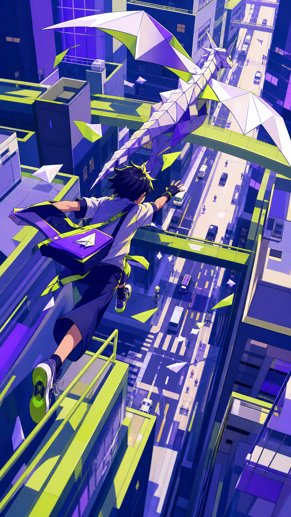A teenage messenger pursuing a runaway paper dragon across rooftops, during bright daytime with the city functioning normally around them. High-angle route view following movement through intersecting streets. Acid lime,