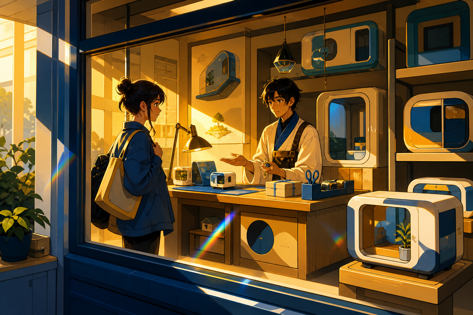 A tiny store renting portable rooms to travelers, during a quiet transaction with an unexpectedly personal request. View from outside the window into a warmly arranged interior. Saffron, peacock blue, dark umber, and cha