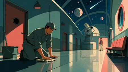 An adult observatory custodian polishing the floor beneath a moving indoor sky, as a brief visitor interrupts a familiar routine. Long corridor or lobby view using light to guide a