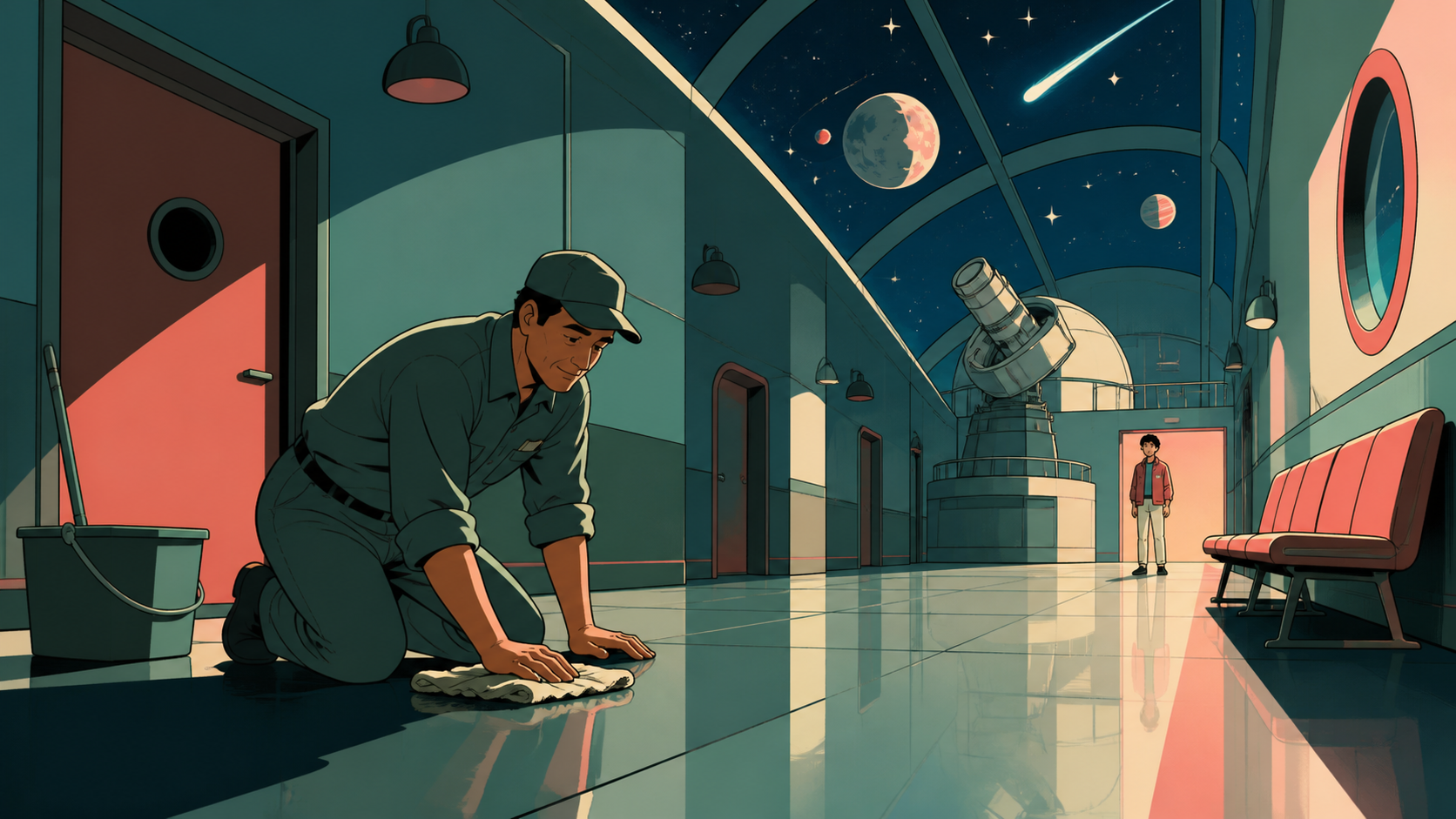 An adult observatory custodian polishing the floor beneath a moving indoor sky, as a brief visitor interrupts a familiar routine. Long corridor or lobby view using light to guide attention toward the task. Sea-glass gree
